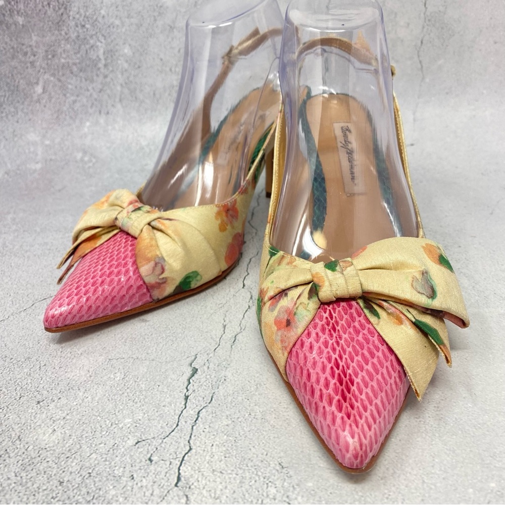 ❤️Beverly Feldman Silk Fabric and Snakeskin Leather Slingback Heels. Size 8 1/2 - Picture 6 of 13
